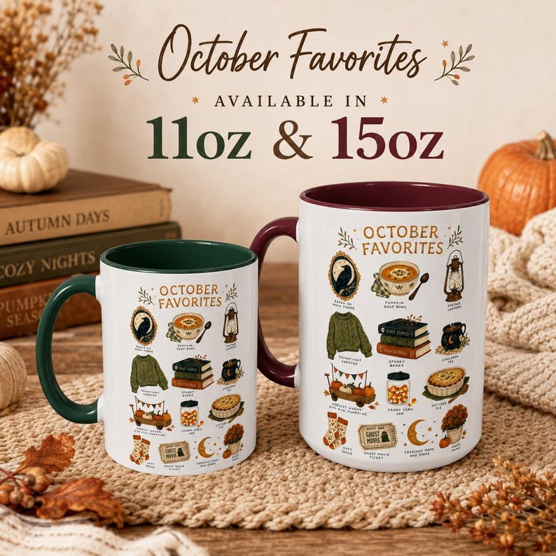 October Favorites Mug, Autumn Vibes Coffee Cup, Spooky Season Bookish Mug (11oz or 15oz)