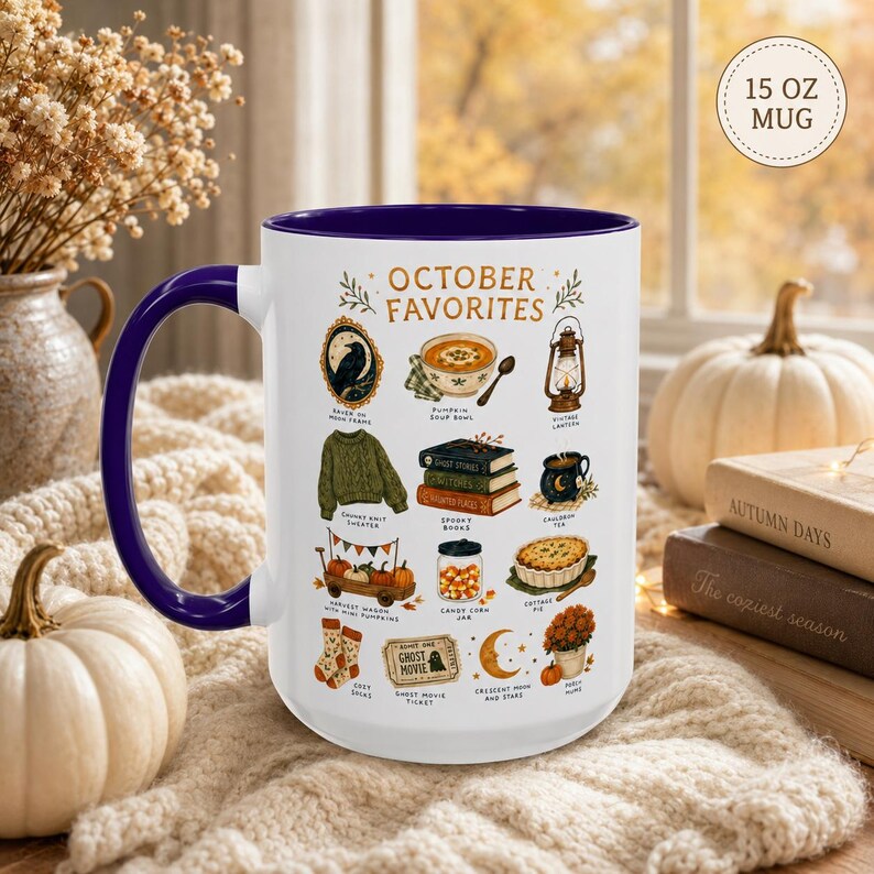 October Favorites Mug, Autumn Vibes Coffee Cup, Spooky Season Bookish Mug (11oz or 15oz)