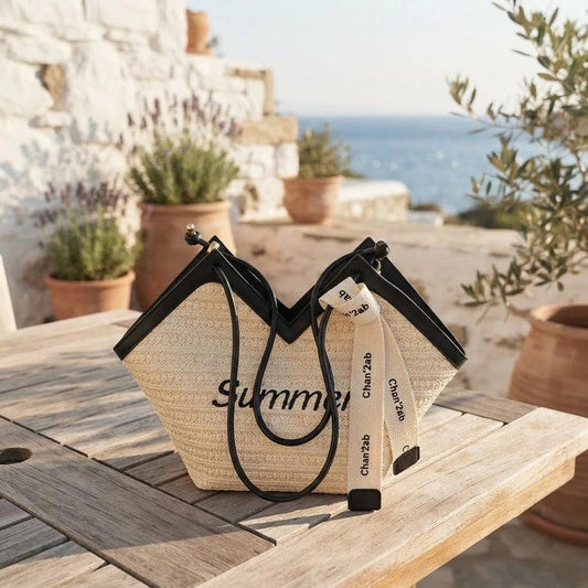 Handwoven Straw V-Shape Tote Bag, Leather Trim Vacation Handbag, Minimalist Summer Accessory