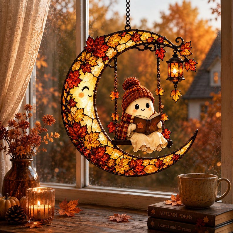 Ghost Reading Moon Acrylic Suncatcher, Ghost Book Pumpkin Window Hanging, Halloween Bookworm Suncatcher, Thanksgiving Gift For Book