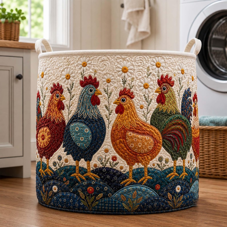 Floral Chicken Quilted Laundry Hamper: Farmhouse Storage Bin, Cute Rooster Hamper