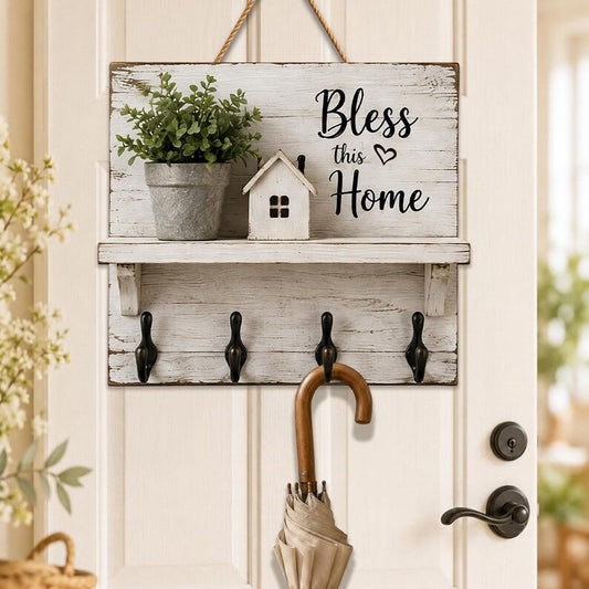 Farmhouse Key Holder, Bless This Home Wall Decor, Rustic Entryway Organizer, Housewarming Gift