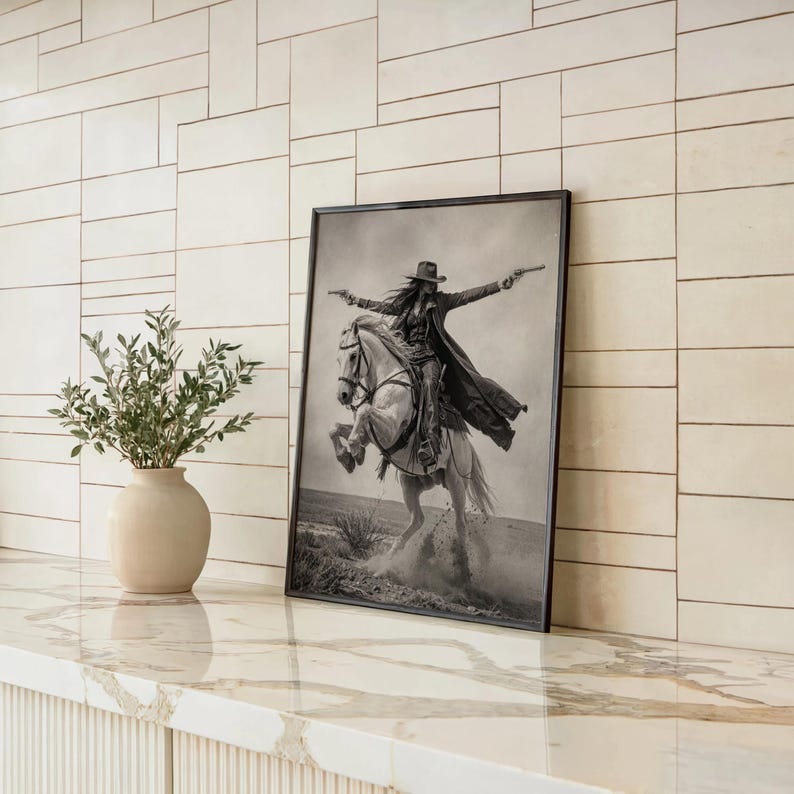 Gunslinger Cowgirl Poster, Wild West Horse Riding Wall Art, Vintage Outlaw Photography, Western Female Cowboy with Guns Living Room Decor
