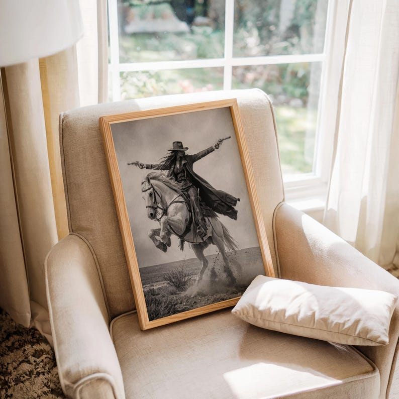 Gunslinger Cowgirl Poster, Wild West Horse Riding Wall Art, Vintage Outlaw Photography, Western Female Cowboy with Guns Living Room Decor