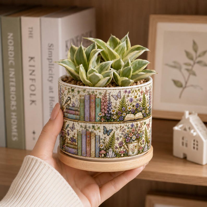 Forest BookSelf Stained-Glass Style Plant Pot, Book Lover Gift, Bookish Pot, Library Gift, Librarian Bookworm Gift for Reader, Teacher Gift