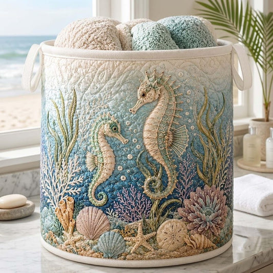Coastal Seahorse Quilted Laundry Basket: Ocean Beach Storage Bin, Quilted Fabric Hamper