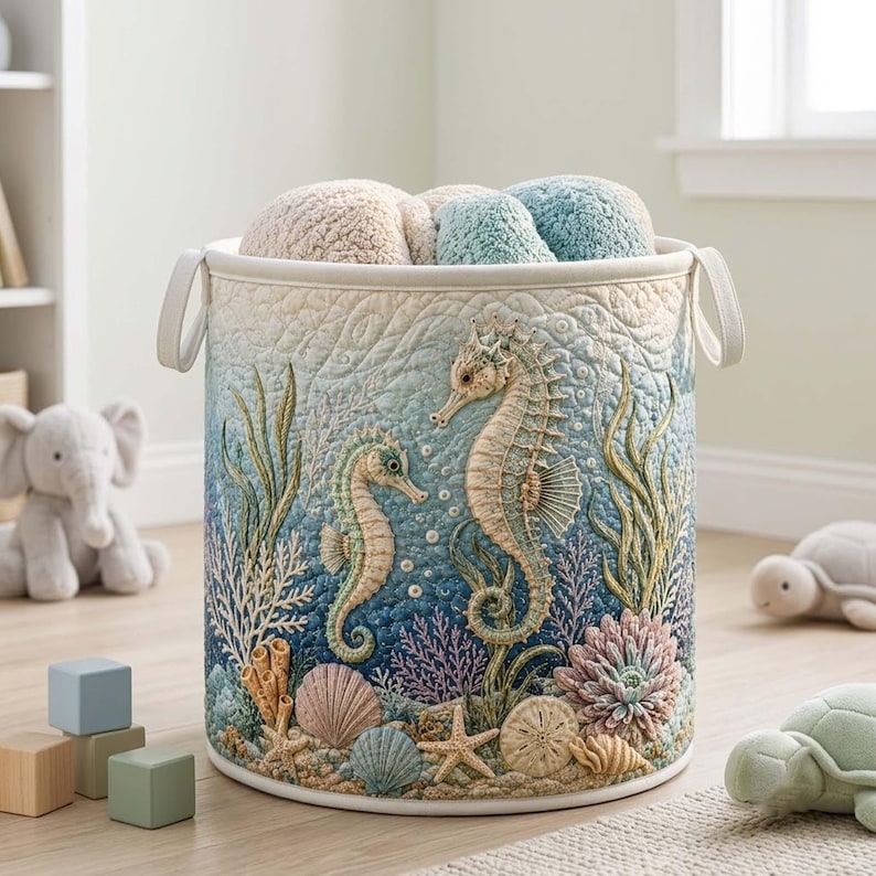 Coastal Seahorse Quilted Laundry Basket: Ocean Beach Storage Bin, Quilted Fabric Hamper
