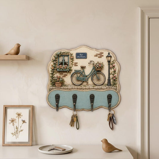French Bicycle Key Holder, Vintage Floral Wall Rack, Rustic Cottage Entryway Decor, Shabby Chic Key Hooks