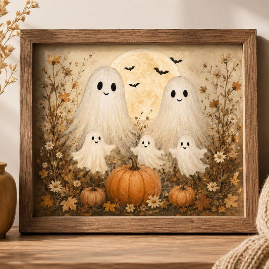 Cute Ghost Family Halloween Wall Art, Vintage Pumpkin Poster, Whimsical Cottagecore Fall Decor, Spooky Season Gift