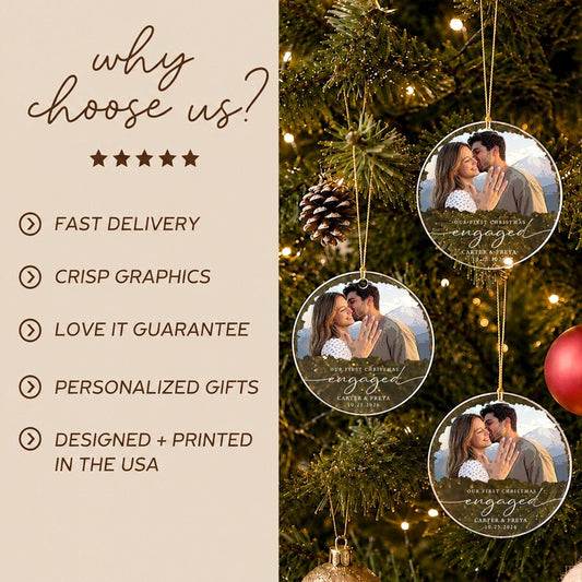 Personalized First Christmas Engaged Ornament, Engagement Photo Keepsake 2026, Bride and Groom Gift