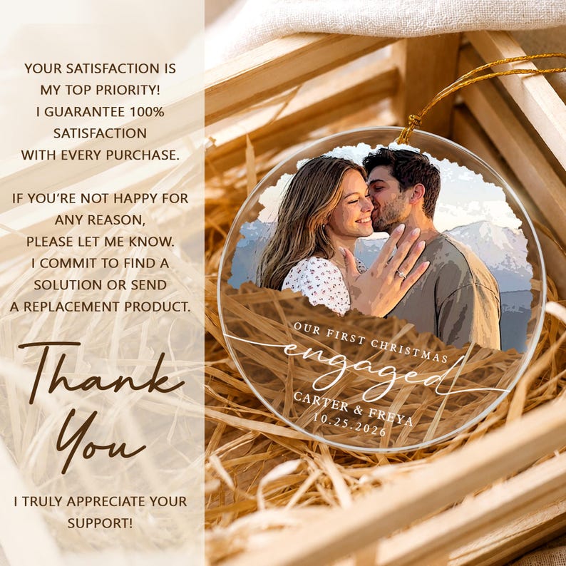 Personalized First Christmas Engaged Ornament, Engagement Photo Keepsake 2026, Bride and Groom Gift