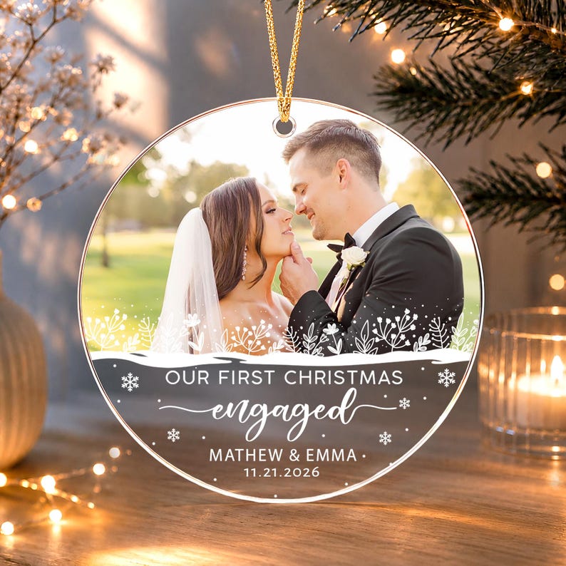 Personalized First Christmas Engaged Ornament, Engagement Photo Keepsake, Gift for Couple
