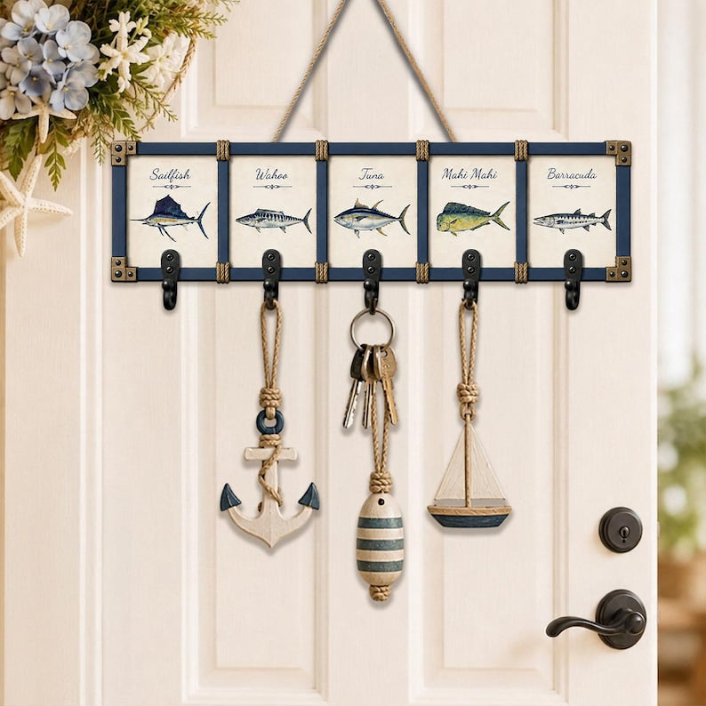 Deep Sea Game Fish Wooden Key Holder: Saltwater Angler Wall Hanger Rack
