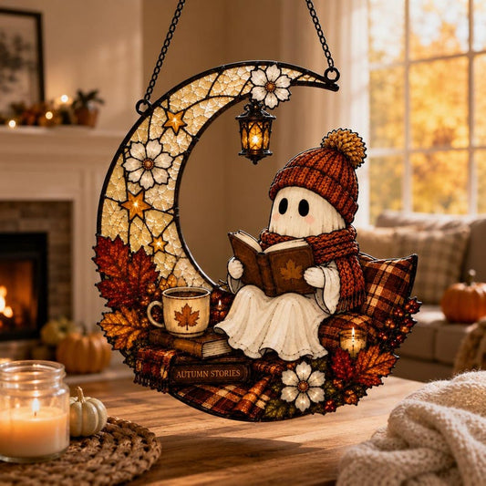 Ghost Reading Pumpkin Moon Acrylic Suncatcher, Ghost Reading Book Window Hanging, Halloween Suncatcher, Thanksgiving Gift For Book Lovers