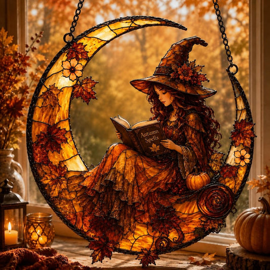 Witch Reading Autumn Acrylic Suncatcher, Pumpkin Book Faux Window Hanging, Halloween Moon Fall Suncatcher, Thanksgiving Gift For Book Lover