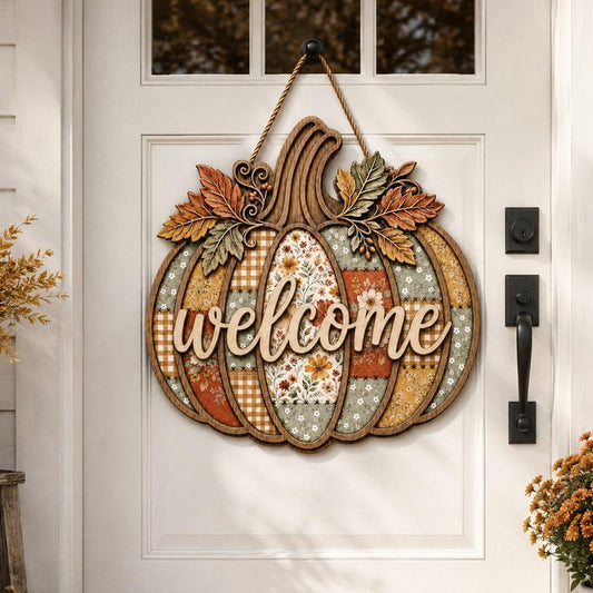 Pumpkin Welcome Door Hanger, Patchwork Fall Door Sign, Rustic Autumn Wood Decor, Farmhouse Porch Wreath, Thanksgiving Gift