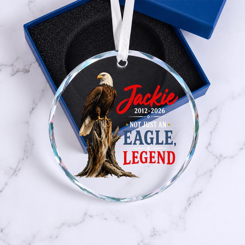 Jackie Bald Eagle Memorial Glass Ornament, Not Just an Eagle a Legend, Eagle Remembrance Keepsake, Fly High Memorial Gift, Eagle Lover Gift