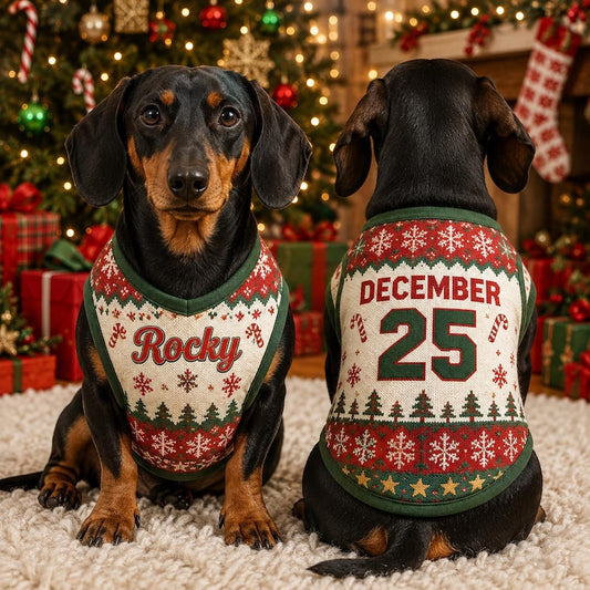 Christmas Dog Jersey with Name & Number, Personalized Dog Shirt, Custom Pet Christmas Outfit, Ugly Xmas Sweater, Holiday Dog Clothes Gift