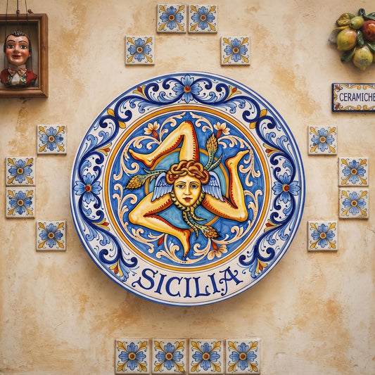 Sicily Symbol Display Plate Trinacria Motif Ceramic Art Blue Scrollwork Wall Accent Dish