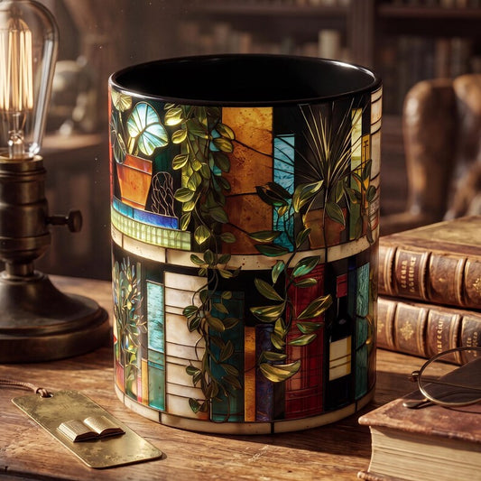 Personalized Book Lover Mug, Custom Name Stained Glass Library Coffee Cup, Reader Gift For Her, Bookworm Gift, Plant Lady Wine Book Mug