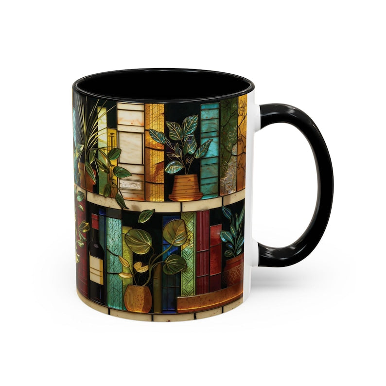 Personalized Book Lover Mug, Custom Name Stained Glass Library Coffee Cup, Reader Gift For Her, Bookworm Gift, Plant Lady Wine Book Mug