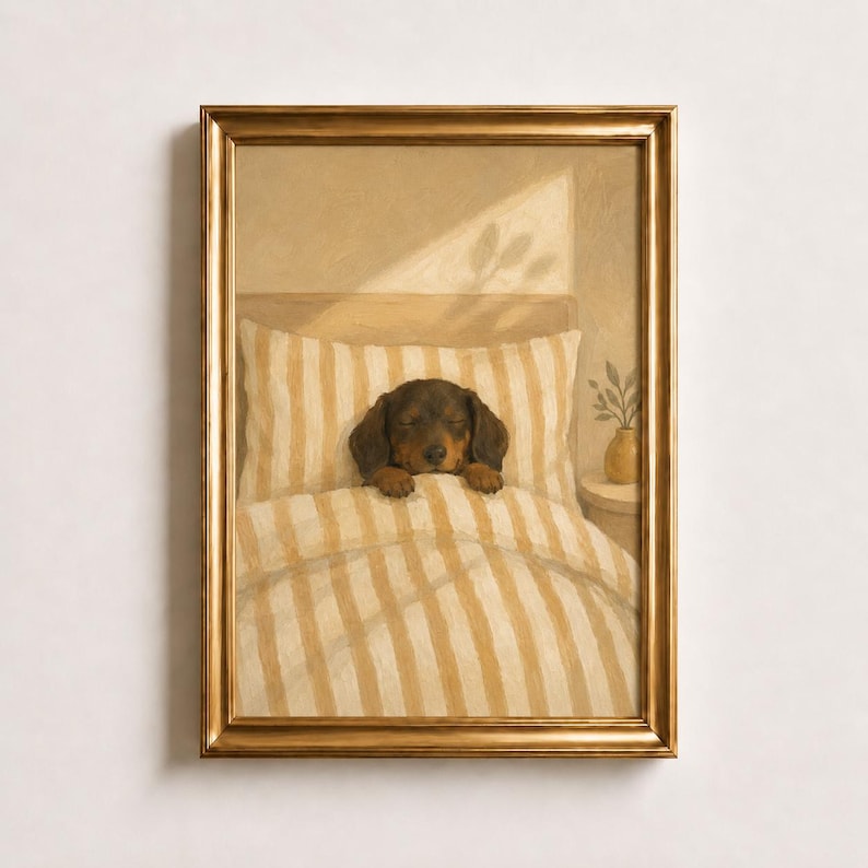 Napping Dachshund Oil Painting Poster, Wiener Dog Asleep in Bed Print, Yellow Neutral Bedroom Wall Art, Cozy Vintage Puppy Decor, Puppy Gift