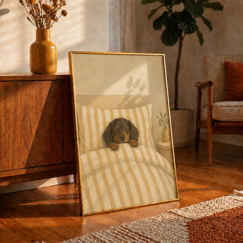 Napping Dachshund Oil Painting Poster, Wiener Dog Asleep in Bed Print, Yellow Neutral Bedroom Wall Art, Cozy Vintage Puppy Decor, Puppy Gift