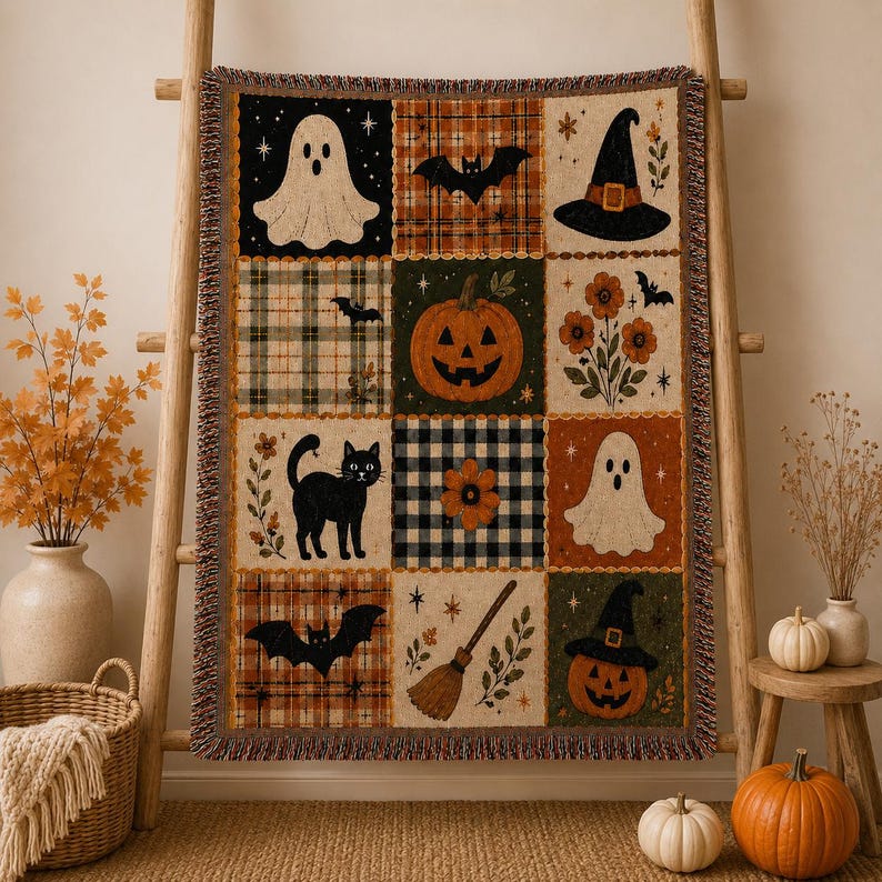 Halloween Patchwork Woven Blanket, Ghost Pumpkin Black Cat Throw, Vintage Spooky Blanket, Fall Cottagecore Home Decor B1IL10-RD