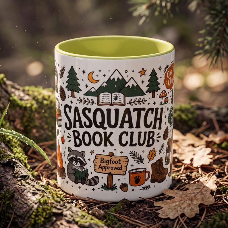 Sasquatch Book Club Mug, Bigfoot Coffee Mug, Funny Book Lover Gift, Reader Mug Gift, Cryptid Mug, Books and Campfires Mug, Forest Reads
