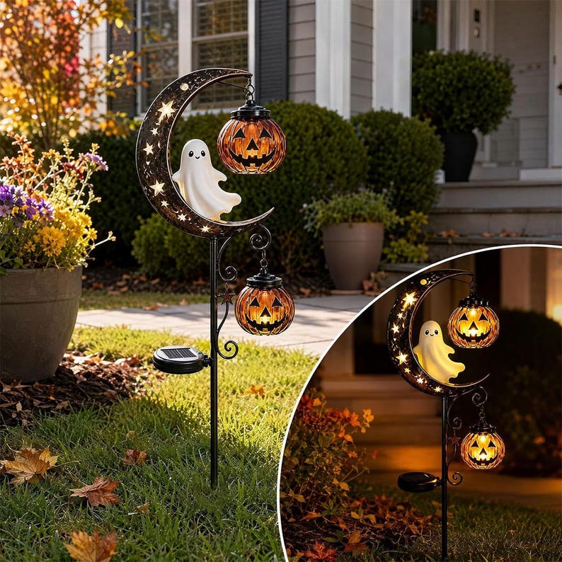 Solar Halloween Garden Stake,Ghost Pumpkin Lanterns Yard Light, Outdoor Fall Pathway Decor, Holiday Garden Gift, Halloween Gift