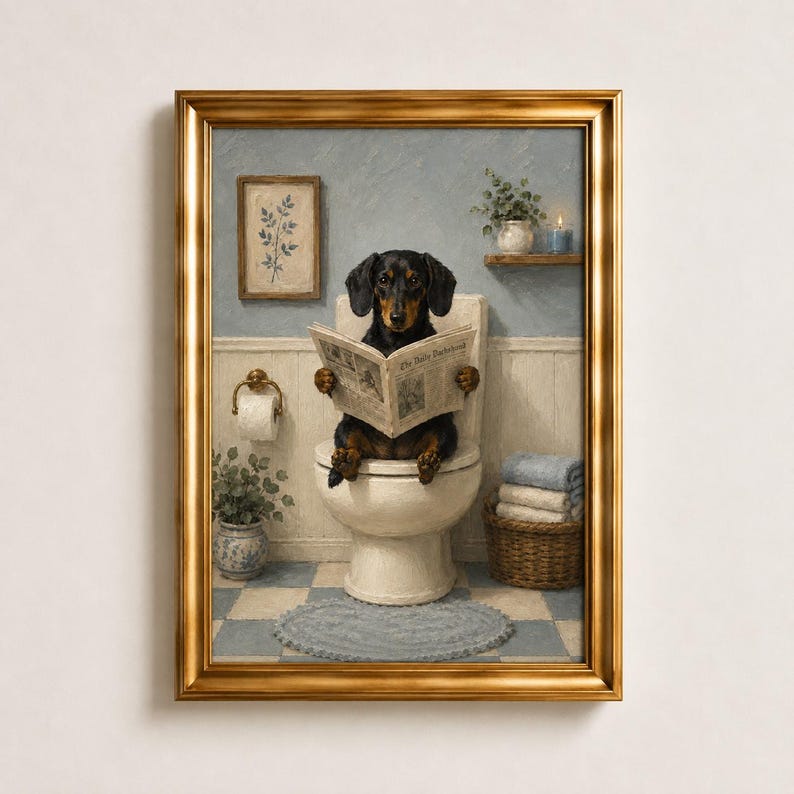 Dachshund on Toilet Oil Painting, Funny Bathroom Print, Dog Reading Newspaper, Blue Vintage Bathroom Art, Sausage Dog Poster, Dog Lover Gift