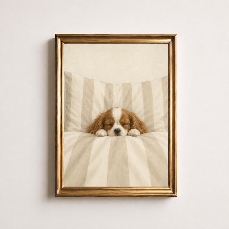 Sleeping Cavalier Spaniel Oil Painting, Puppy in Bed Print, Beige Nursery Wall Art, Neutral Bedroom Decor, Vintage Dog Print, Puppy Gift