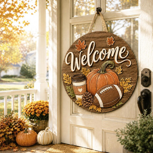 Fall Football Wood Sign, Pumpkin Welcome Door Hanger, Rustic Autumn Front Door Decor, Farmhouse Football Wreath, Thanksgiving Porch Decor