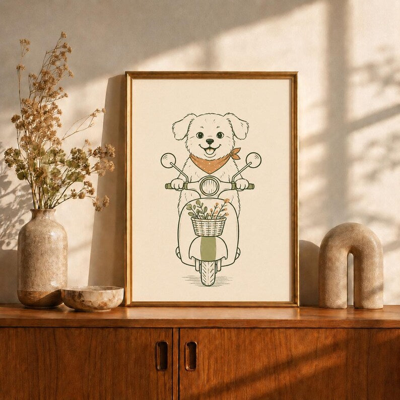 Puppy on Scooter Poster, Dog Riding Scooter Print, Sage Green Nursery Wall Art, Cute Kids Playroom Decor, Retro Boho Print, Baby Shower Gift