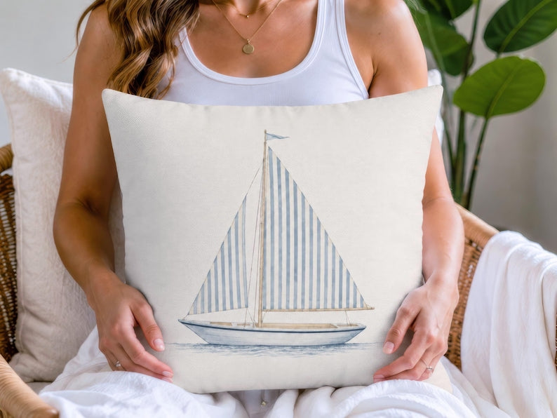 Striped Sailboat Pillow Cover, Nautical Throw Pillowcase, Coastal Cottage Sailing Home Decor, Beach House Accent, Lake House Cushion Case