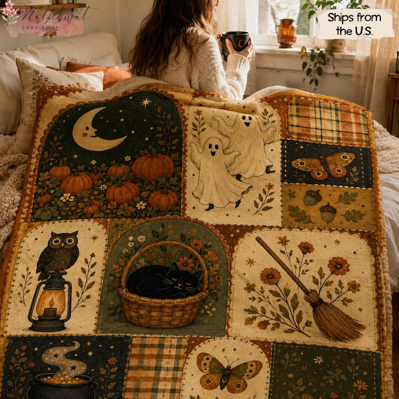 Vintage Halloween Flannel Blanket, Ghost Pumpkin Black Cat Throw, Owl Witchy Fall Decor, Cottagecore Autumn Blanket, Spooky Halloween Gift