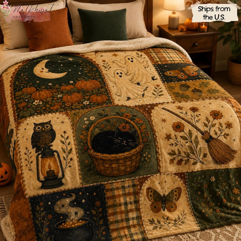 Vintage Halloween Flannel Blanket, Ghost Pumpkin Black Cat Throw, Owl Witchy Fall Decor, Cottagecore Autumn Blanket, Spooky Halloween Gift