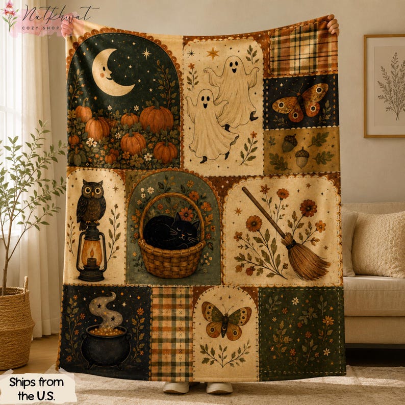 Vintage Halloween Flannel Blanket, Ghost Pumpkin Black Cat Throw, Owl Witchy Fall Decor, Cottagecore Autumn Blanket, Spooky Halloween Gift