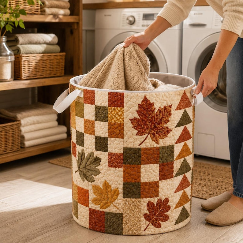Quilted Laundry Basket, Fall Leaves Hamper, Autumn Farmhouse Storage Basket, Bedroom Organizer, Laundry Room Decor, Rustic Fall Home Decor