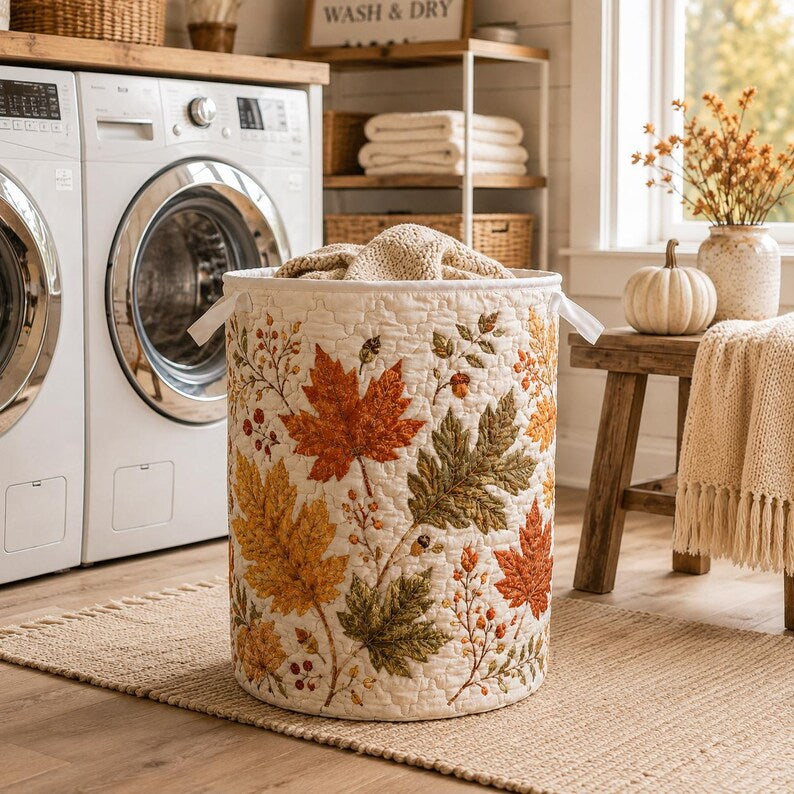 Quilted Laundry Basket, Fall Leaves Hamper, Autumn Farmhouse Storage Basket, Bedroom Organizer, Laundry Room Decor, Rustic Fall Home Decor
