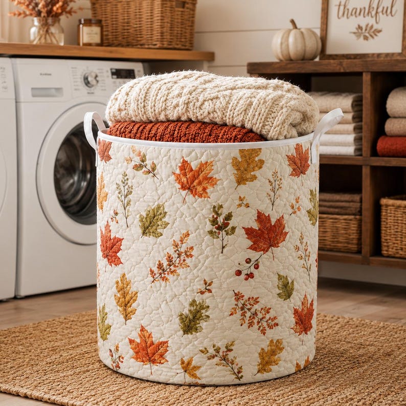 Quilted Laundry Basket, Fall Leaves Hamper, Autumn Farmhouse Storage Basket, Bedroom Organizer, Laundry Room Decor, Rustic Fall Home Decor