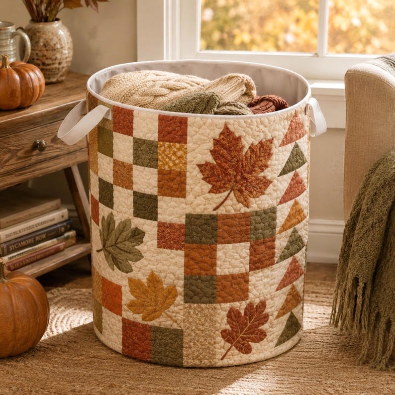 Quilted Laundry Basket, Fall Leaves Hamper, Autumn Farmhouse Storage Basket, Bedroom Organizer, Laundry Room Decor, Rustic Fall Home Decor
