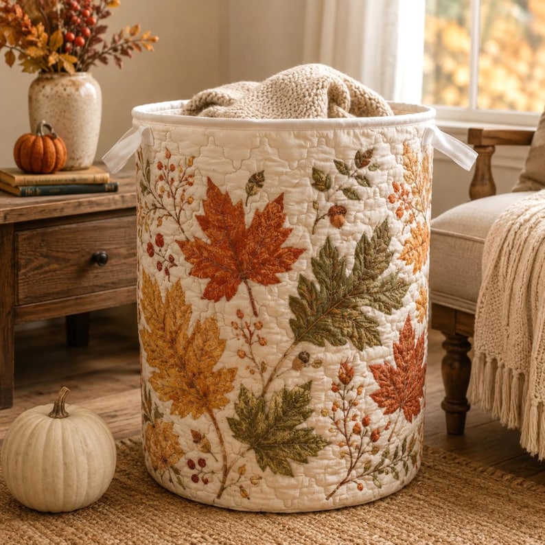 Quilted Laundry Basket, Fall Leaves Hamper, Autumn Farmhouse Storage Basket, Bedroom Organizer, Laundry Room Decor, Rustic Fall Home Decor