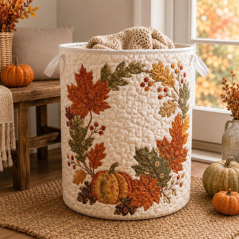 Quilted Laundry Basket, Fall Leaf & Pumpkin Hamper, Autumn Farmhouse Storage Basket, Laundry Room Decor, Bedroom Organizer, Fall Home Decor