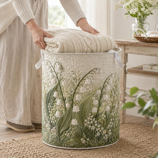 Quilted Laundry Basket, Lily of the Valley Hamper, Floral Storage Basket, Cottagecore Laundry Room Decor, Bedroom Organizer