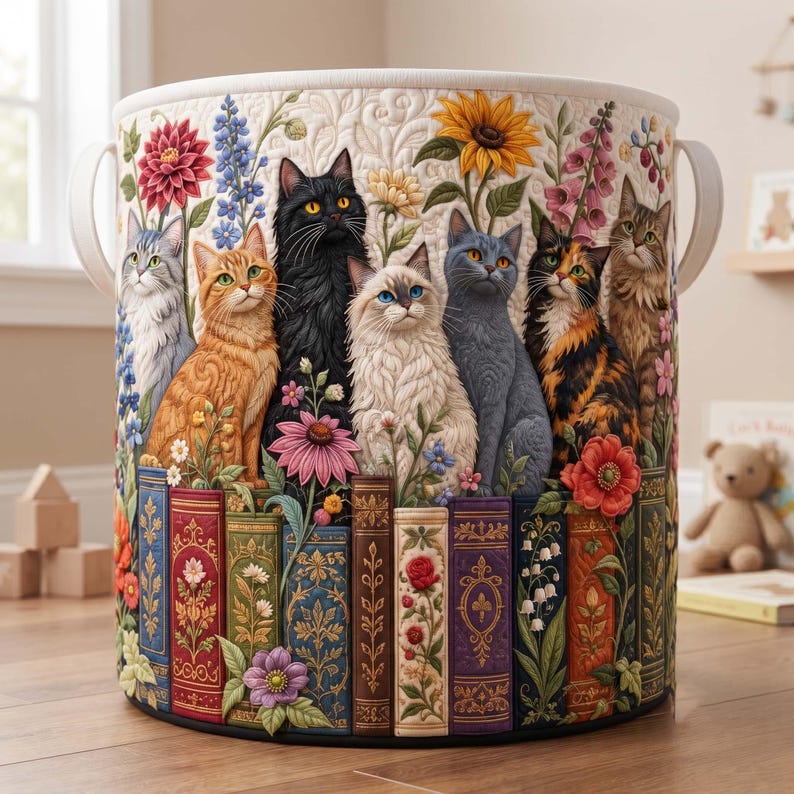 Bookish Whisker Cat Quilted Laundry Basket: Reading Cat Storage Bin, Bookworm Fabric Hamper
