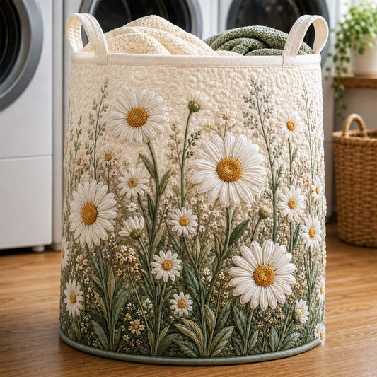 Daisy Quilted Laundry Basket: Botanical Floral Storage Bin, Daisy Flower Fabric Hamper