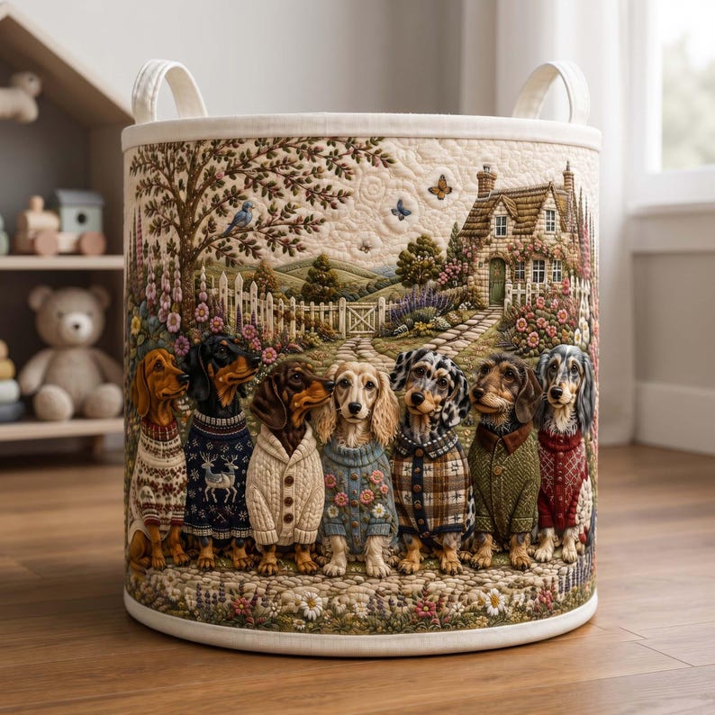Doxie Row Quilted Laundry Basket: Dachshund Dog Storage Bin, Pet Lover Fabric Hamper