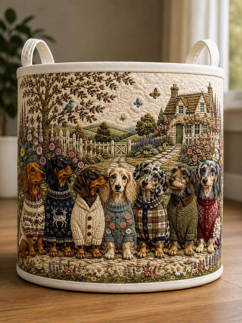 Doxie Row Quilted Laundry Basket: Dachshund Dog Storage Bin, Pet Lover Fabric Hamper