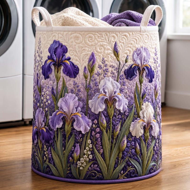 Iris Quilted Laundry Basket: Botanical Floral Storage Bin, Garden Iris Fabric Hamper